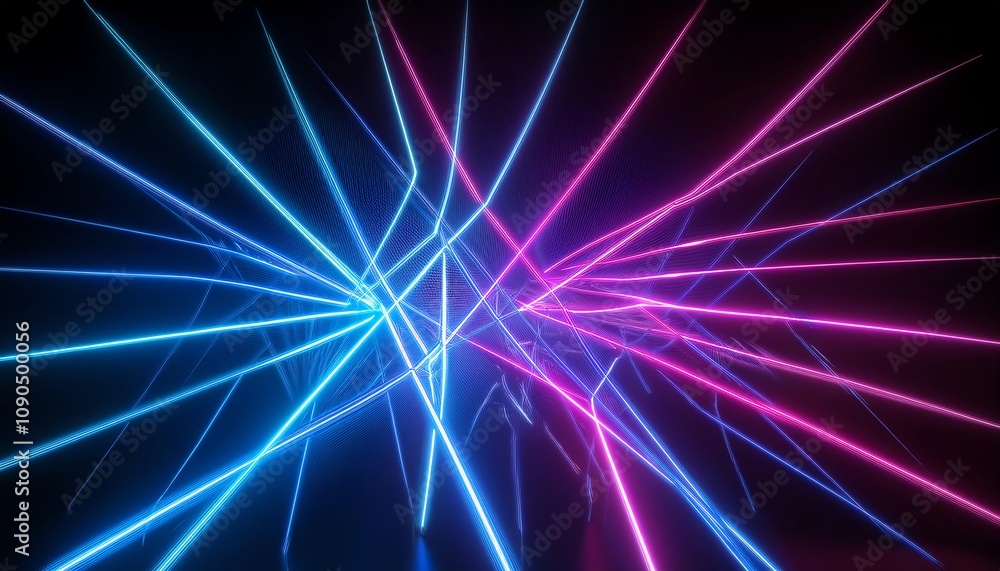 Poster a vibrant display of intersecting blue and pink laser beams radiating against a dark background, cre