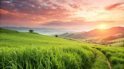 Serene sunset over lush green hills and fields