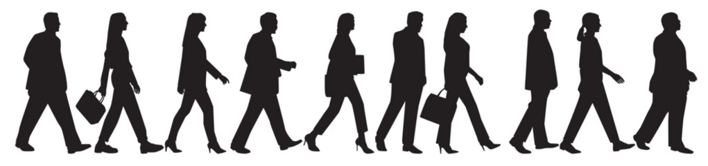 silhouettes of group of people walking and talking.