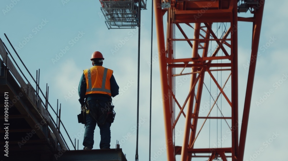 Poster An intimate portrait of a crane operator controlling a tower crane on a bridge construction project, Bridge construction crane operation scene, Commanding and precise style