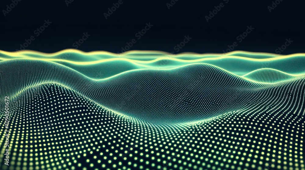 Poster abstract digital landscape with glowing waves and dots, representing data or technology concepts.
