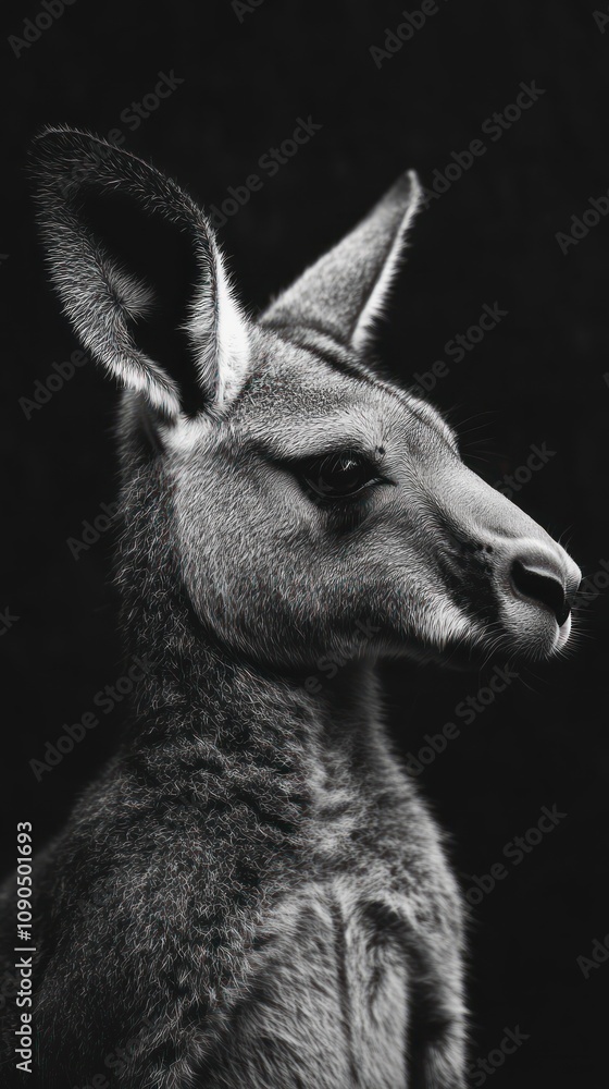 Poster a monochrome profile of a kangaroo highlighting its features against a dark background.