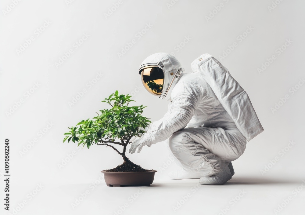 Aufkleber an astronaut in a spacesuit tends to a small bonsai tree against a plain background.