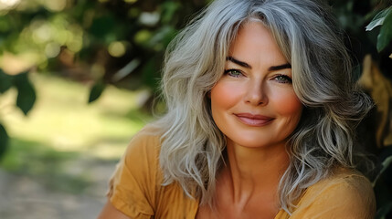 Fototapeta premium A Portrait of a Woman with Graying Hair, Smiling Serene Against a Blurred Green Background