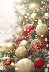 Obraz premium Christmas decorations illuminate with gold glittering accents, creating an abstract glow light texture. The shimmering ornaments and festive lights capture the essence of the holiday season, 