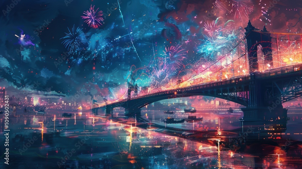 Poster a vibrant cityscape with a bridge illuminated by colorful fireworks exploding in the night sky.