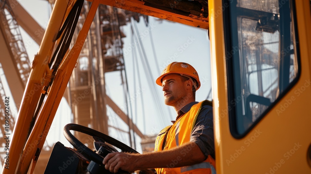 Poster An intimate portrait of a crane operator maneuvering a crawler crane at a port expansion project, Port expansion crane operation scene, Commanding and precise style