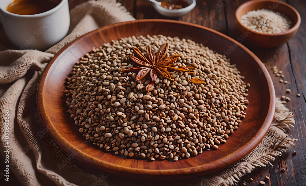Poster a bowl of brown rice with a sprig of parsley on top. there are also some other bowls and spoons on t