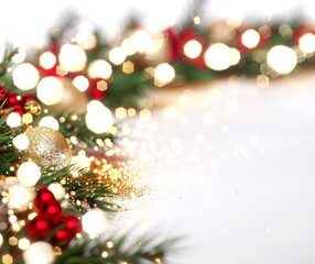 Christmas decorations illuminate with gold glittering accents, creating an abstract glow light texture. The shimmering ornaments and festive lights capture the essence of the holiday season, 