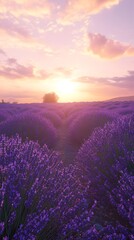 Obraz premium A beautiful lavender field under the setting sun, with rows of purple flowers stretching as far into the horizon as one can see.