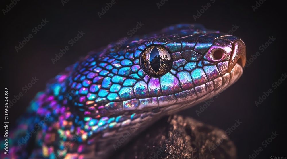 Poster a close-up of a colorful lizard showcasing iridescent scales and intricate details.