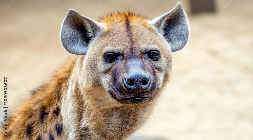 Aufkleber a close-up of a hyena with distinctive fur and facial features in a natural setting.
