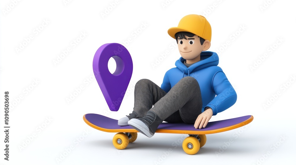 Poster A 3D character on a skateboard with a location pin, symbolizing navigation or travel.