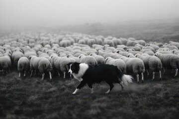 Border Collie Herding Sheep: A black-and-white Border Collie