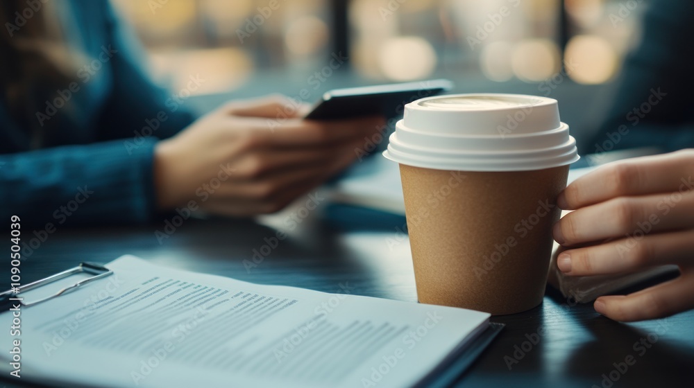 Poster a coffee cup on a table with a smartphone and documents, suggesting a work or study setting.