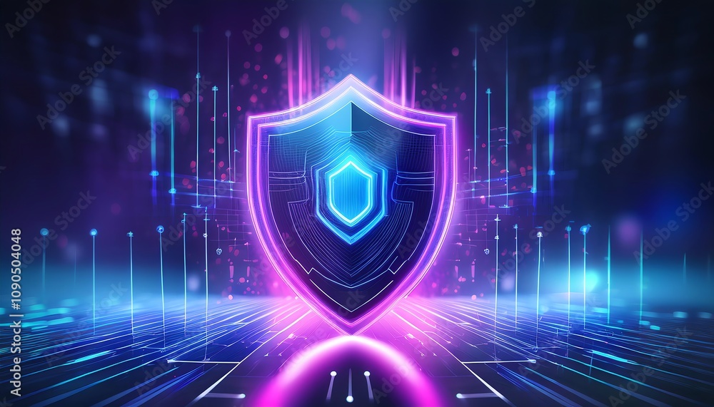 Poster a vibrant digital shield symbolizing cybersecurity, featuring glowing elements and a futuristic desi
