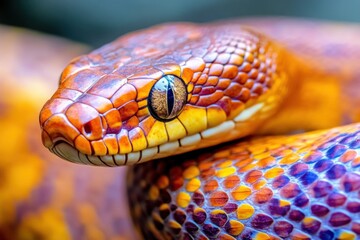 Fototapeta premium A close-up of a colorful snake showcasing its vibrant scales and striking eye.
