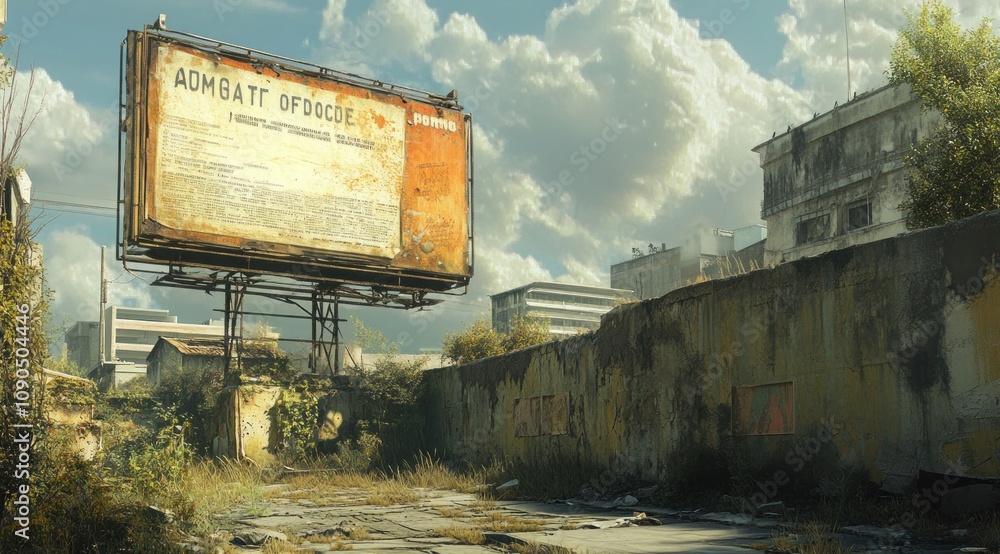 Poster A weathered billboard stands in a desolate urban landscape, hinting at abandonment and decay.