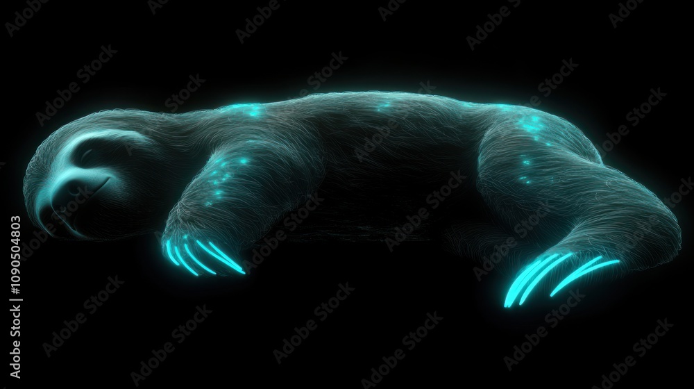 Poster a glowing sloth lying on a dark background, showcasing a surreal and artistic design.