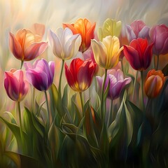 Fototapeta premium A gentle whisper of wind through a meadow of colorful tulips, the flowers softly swaying with each breeze.