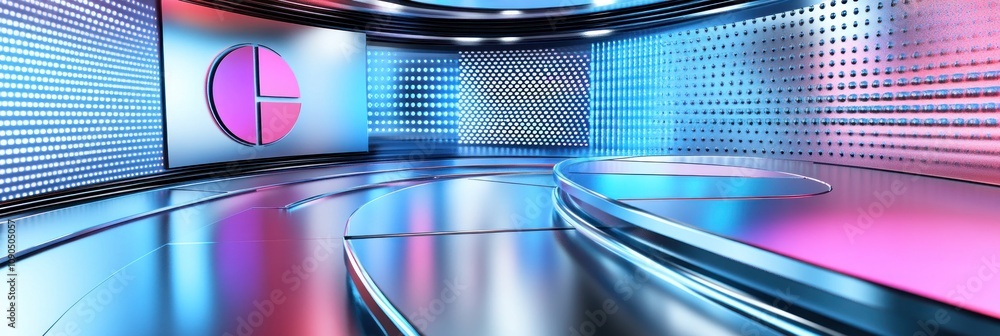 Poster a modern, colorful studio set with a circular display, ideal for presentations or broadcasts.