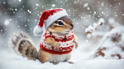 A festive squirrel wearing a Christmas sweater in a snowy landscape.