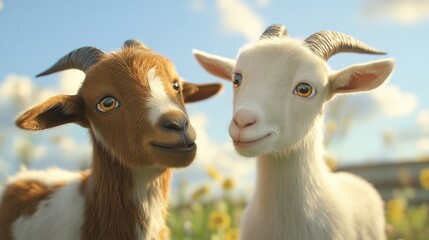 Fototapeta premium Two playful baby goats, a brown one and a white one, share a joyful moment in a flower-filled meadow under a bright blue sky.