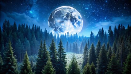 Enchanting Scene of a Full Moon Illuminating a Serene Woodland Landscape with Starry Sky and Lush Trees, Perfectly Composed Using the Rule of Thirds for a Captivating Nighttime Atmosphere