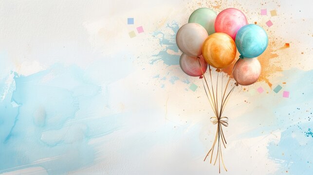 Festive balloons with confetti on a soft watercolor background, with copy space for a personalized birthday message or heartfelt text. - Powered by Adobe