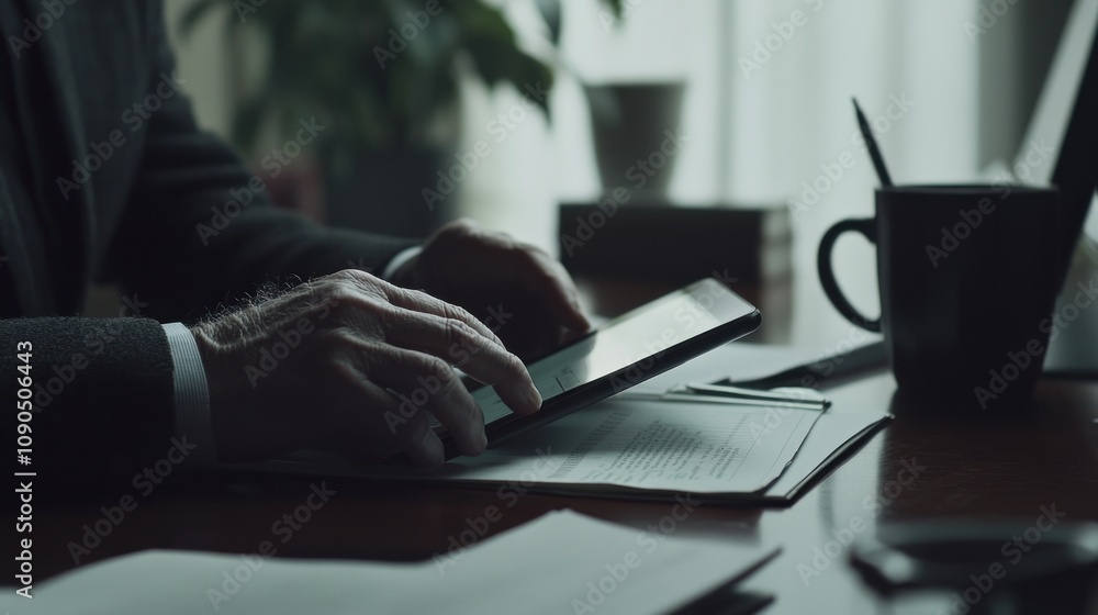 Poster A person using a tablet while working at a desk with documents and a coffee cup.