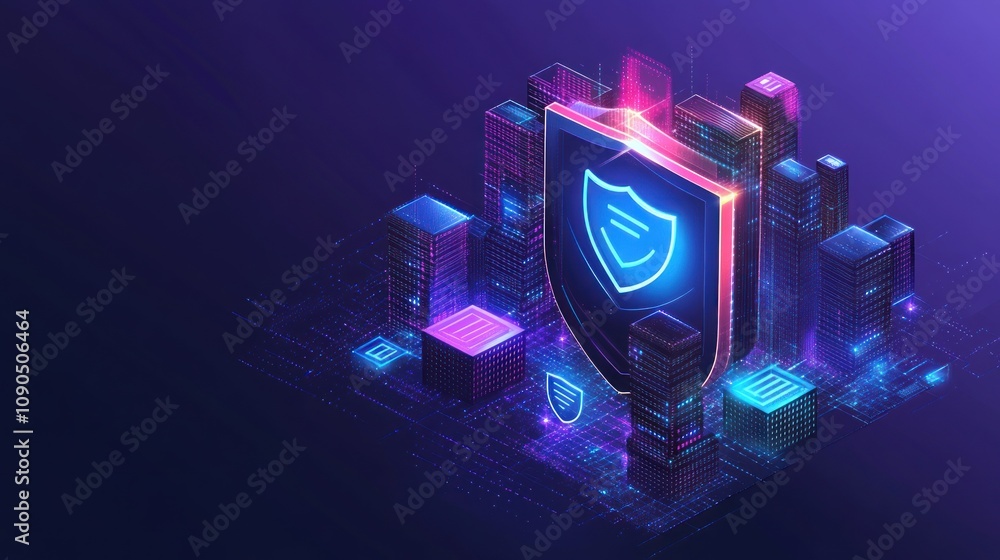 Aufkleber Digital representation of cybersecurity with a shield and cityscape in a tech-themed design.