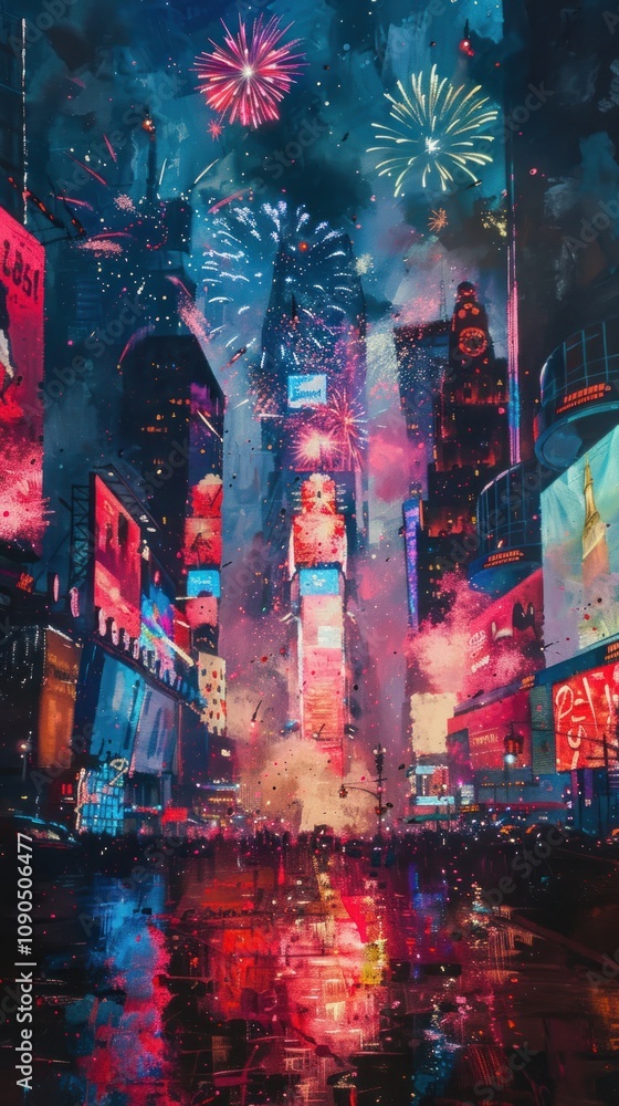Poster a vibrant cityscape with fireworks exploding over a bustling crowd, creating a dynamic and celebrato