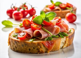 Exquisite Product Photography of Tasty Bruschetta with Ham on a Clean White Background, Perfect for Culinary Use in Cookbooks, Menus, and Food Blogs