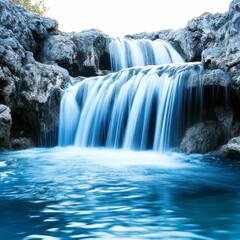 Waterfall cascades over rocks into a pool.