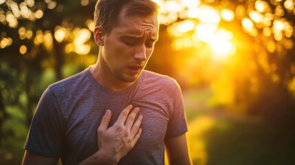 Fototapeta premium Man Experiencing Shortness of Breath in Evening Light
