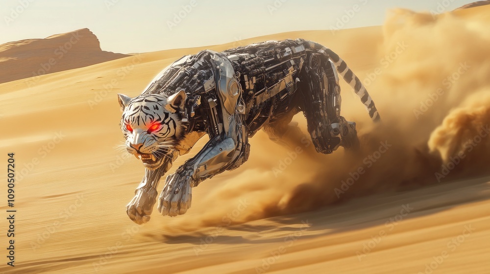 Poster a robotic tiger sprinting through a sandy desert, showcasing advanced technology in a dynamic pose.