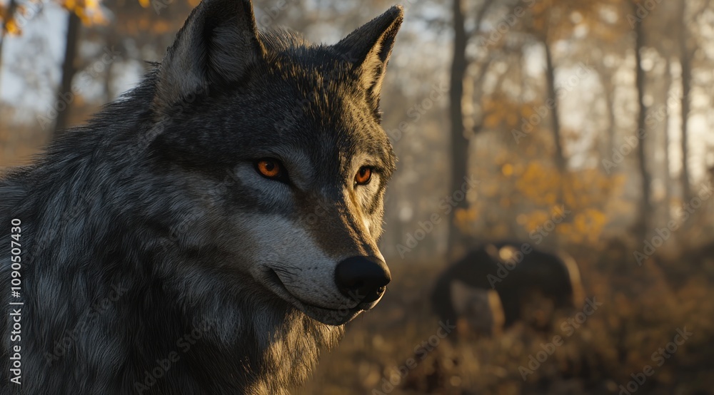 Poster a close-up of a wolf in a forest setting, showcasing its striking features and surroundings.
