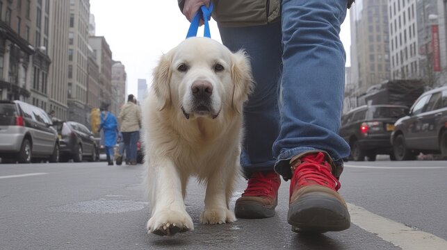 Golden Retriever Walking City Street With Person