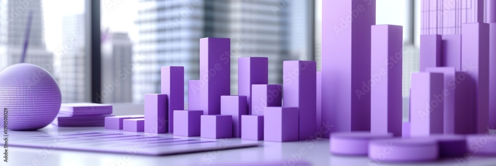 Aufkleber a collection of purple geometric shapes and bar graphs arranged on a table.