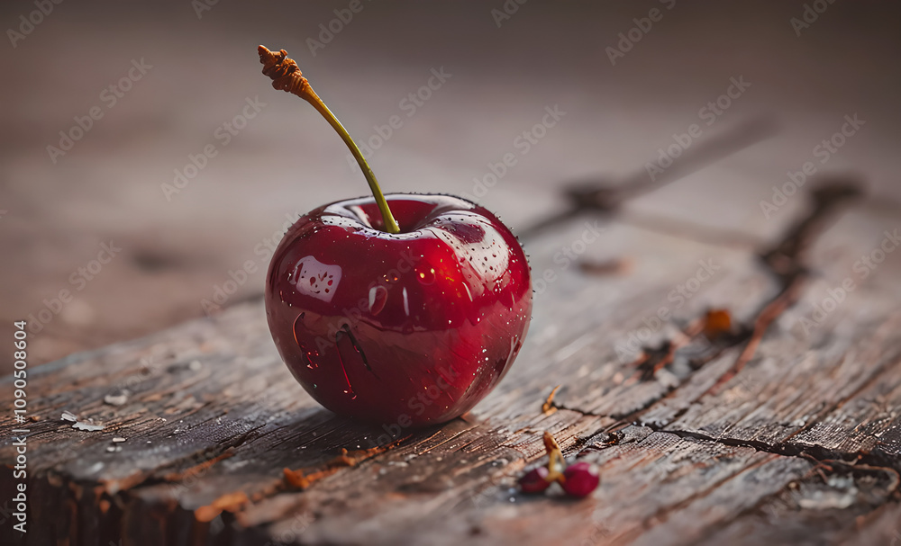 Poster a red apple with a stem on it. the stem is brown. the apple is sitting on a wooden surface
