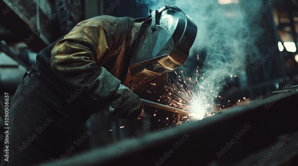 Aufkleber an intimate portrait of a welder in protective gear working on metal structures at a shipyard, shipb