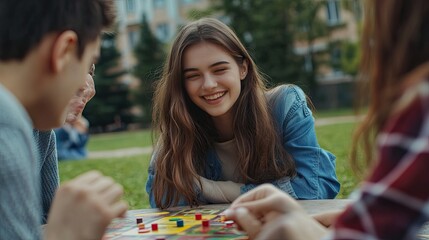Fototapeta premium Cheerful Caucasian teenage girl laughing while playing a board game outdoors with friends.
