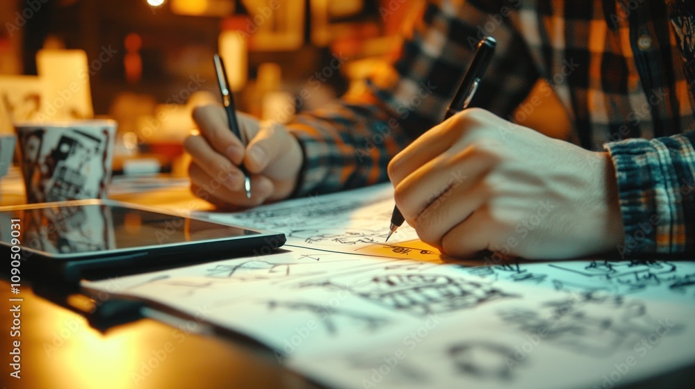 Poster A person sketching ideas on paper while using a tablet in a creative workspace.