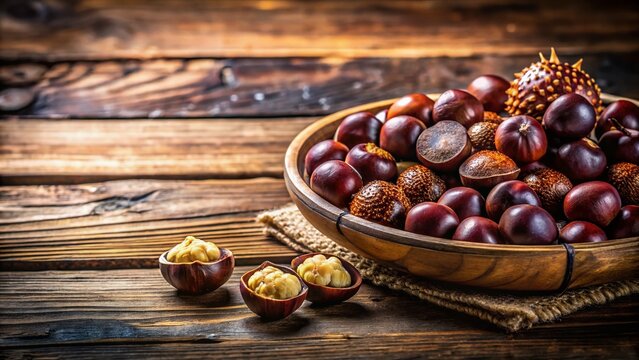 Freshly Harvested Singhara or Water Chestnuts on a Rustic Wooden Table with Natural Light and Copy Space for Text, Highlighting Their Unique Shape and Texture in a Culinary Setting