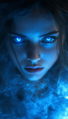 Sensual Woman Succubus, at night in blue light, glowing. AI generative