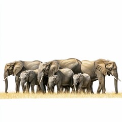 Fototapeta premium Elephant family group stands in tall grass.