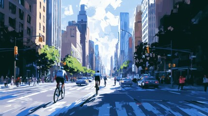 Obraz premium Bustling City Street with Cyclists in Bright Daylight