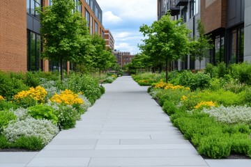 Fototapeta premium Exploring Pathways and Parks in Revitalized Urban Redevelopment Areas