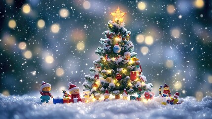 Fototapeta premium Christmas tree adorned with colorful toys and present