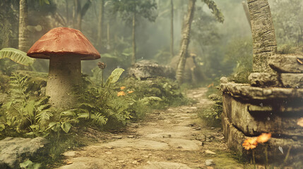 Obraz premium A Stone Path Through a Lush and Misty Jungle with a Red Mushroom and Stone Ruins, Creating a Dreamy Atmosphere